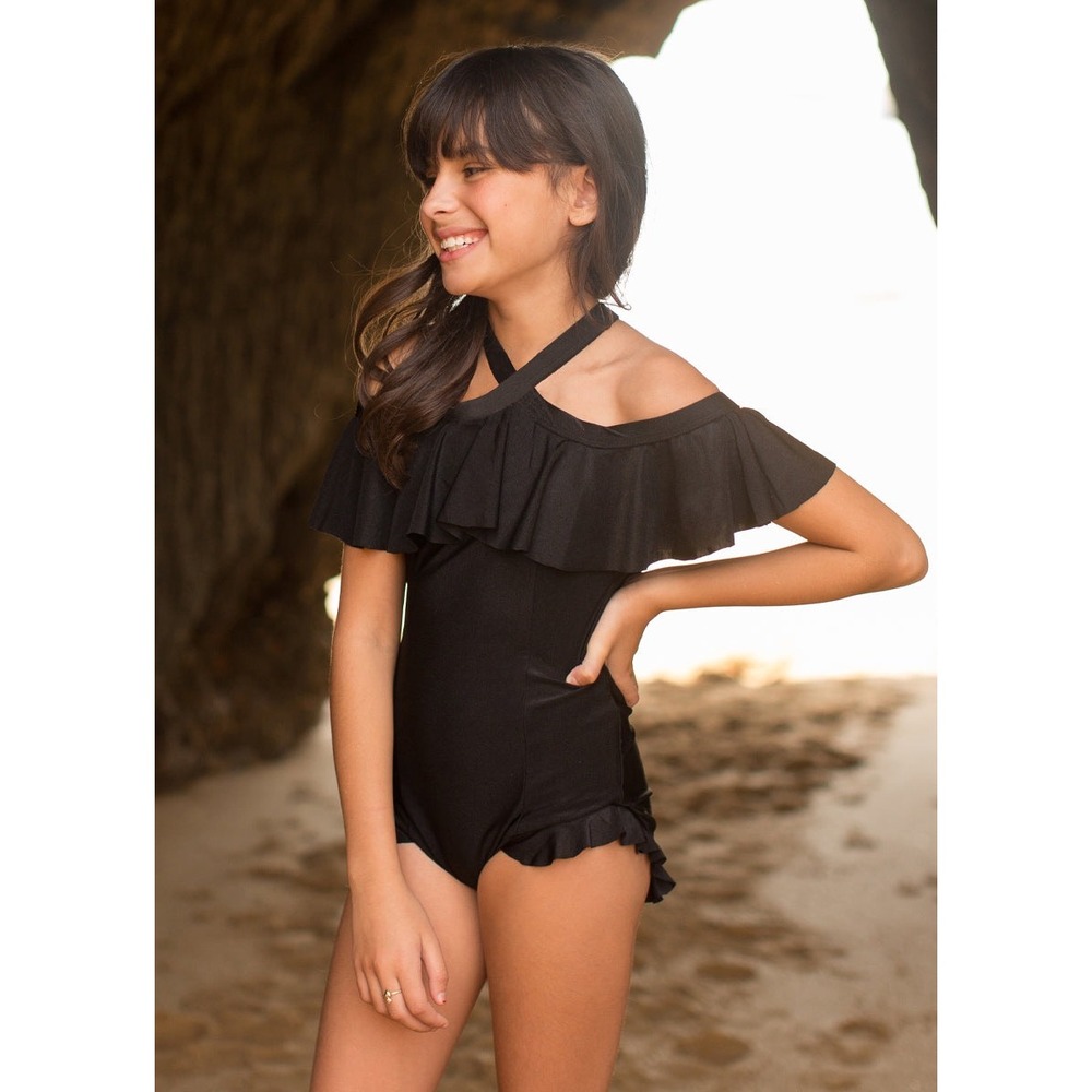 Joyfolie Girls Abriella Size 2 GirlsOne Piece Swimsuit‎ Black Ruffle Halter Bow